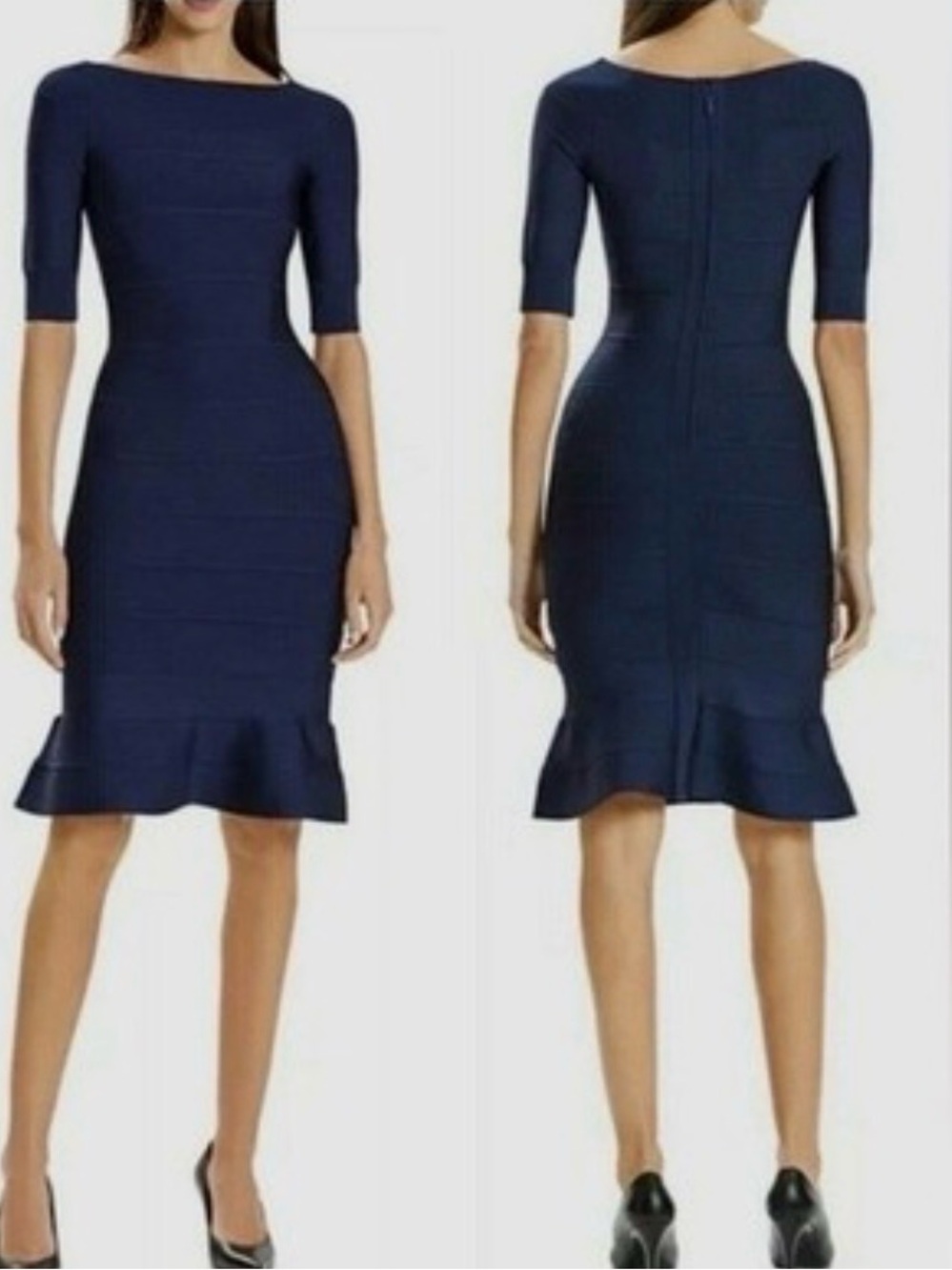 Herve Leger Navy Fitted Boatneck Midi Dress with Ruffle Hem